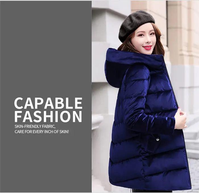Хлопковая куртка, женское повседневное длинное пальто, зимняя корейская мода, тонкая куртка с капюшоном, толстая Золотая Бархатная парка, пальто на молнии, Классическая верхняя одежда f1219