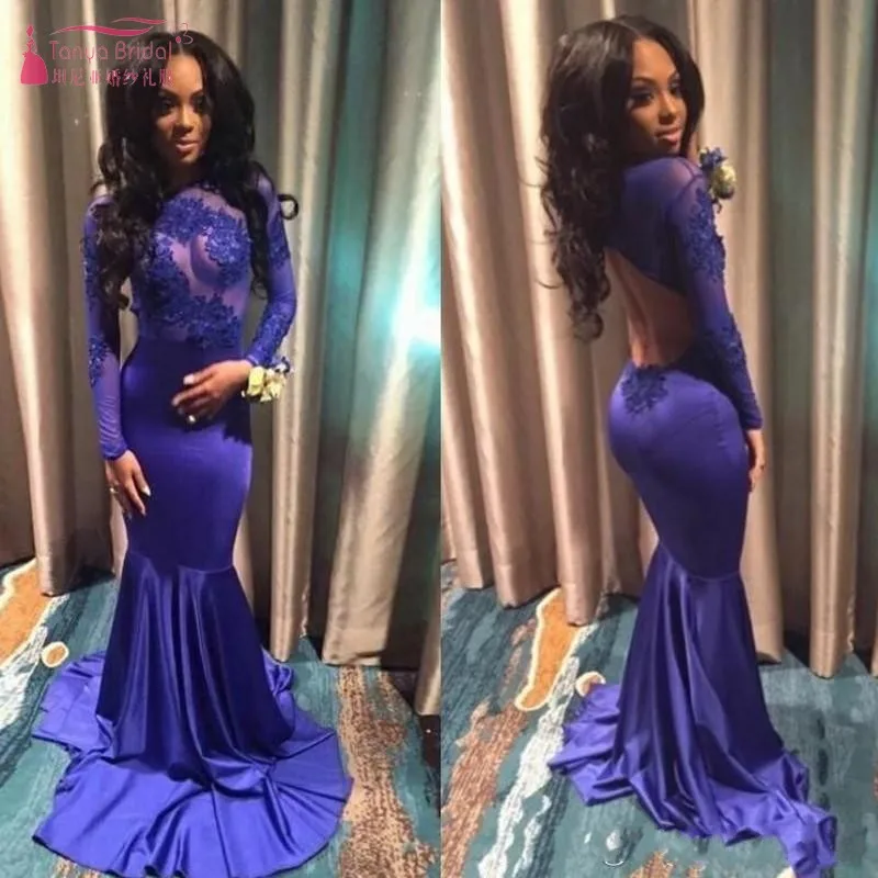 

Black Girl Backless Mermaid Prom Dresses With Long Sleeves Illusion Bodice Appliques Lace Royal Blue Evening Gowns Cutaway JQ192