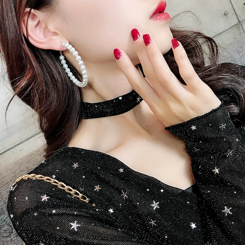 

Bold pearls exaggerated large circle earrings Trendy Elegant Created Big Simulated 6mm white Pearl Long Earrings for women