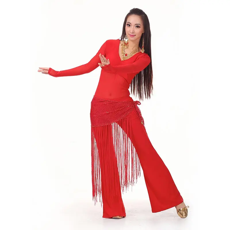 Best Dance - Costume da danza del ventre, da donna, 4 pezzi, top pantaloni, sciarpa, sciarpa con monete dorate, colore: nero
