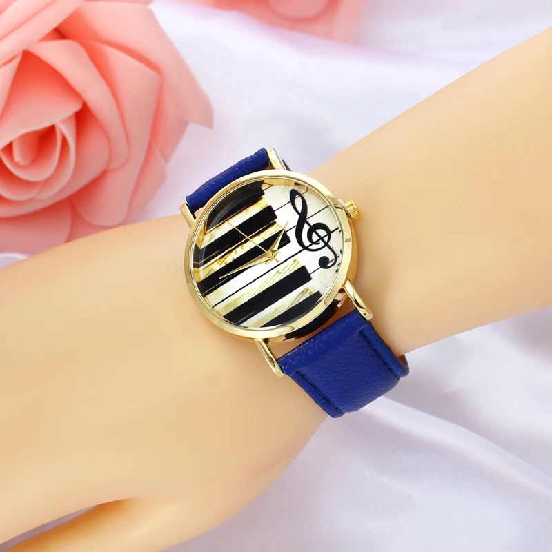 Blue Leather Music Black And White Piano Key Ladies font b Watch b font Metal Alloy
