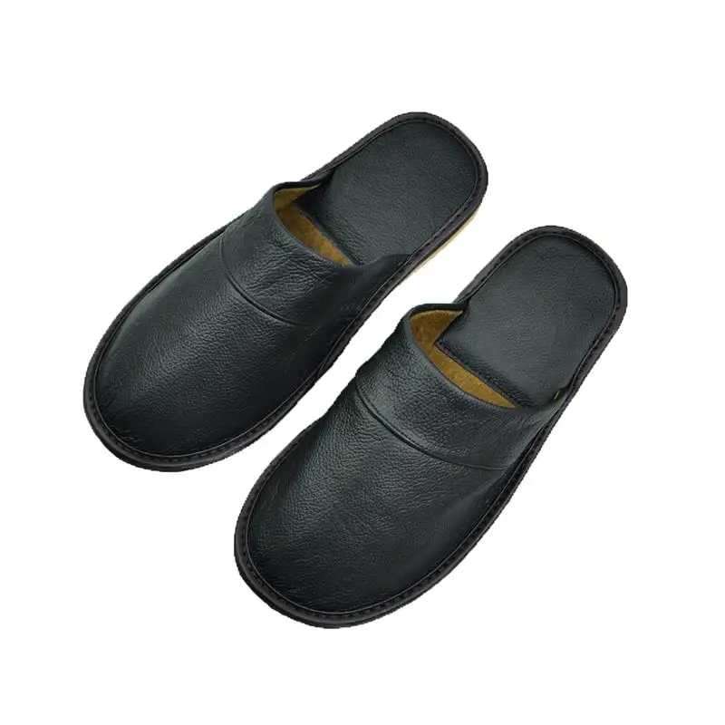 Genuine Cow Leather slippers couple indoor non-slip men and women home fashion casual single shoes PVC soft soles spring autumn - Color: 528 Black