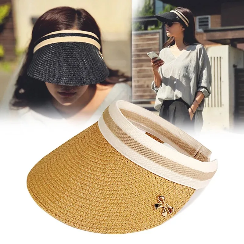 

New Woman's Sun Hats Hand Made DIY Straw Bowknot Visor Caps Parent-Child Summer Cap Casual Shade Hat Empty Top Hat Beach