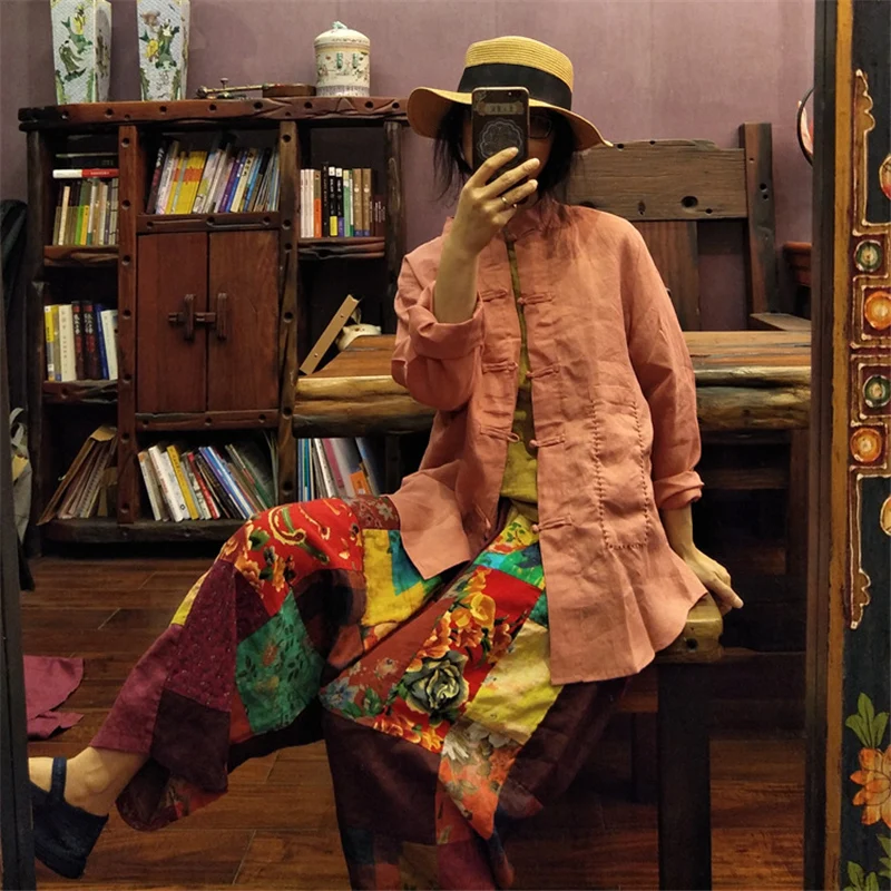 

Johnature Women Linen Embroidery Shirts Stand Long Sleeve Blouses 2019 Spring Summer New Chinese Style Tops Button Vintage Shirt