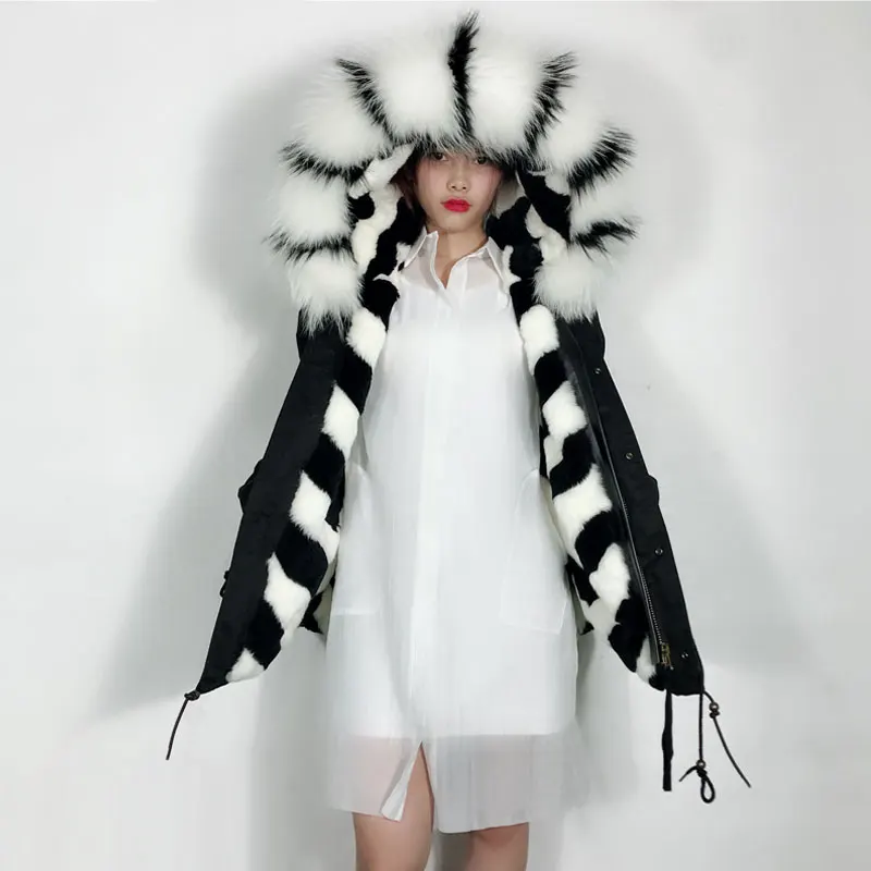 2018 Winter Polyester Zwarte Jas Dames Zebra patroon Liner Witte en Zwarte Waterdichte Bont Parka 2018 Winter Polyester Zwarte Jas Dames Zebra patroon Liner Witte en Zwarte Waterdichte Bont Parka