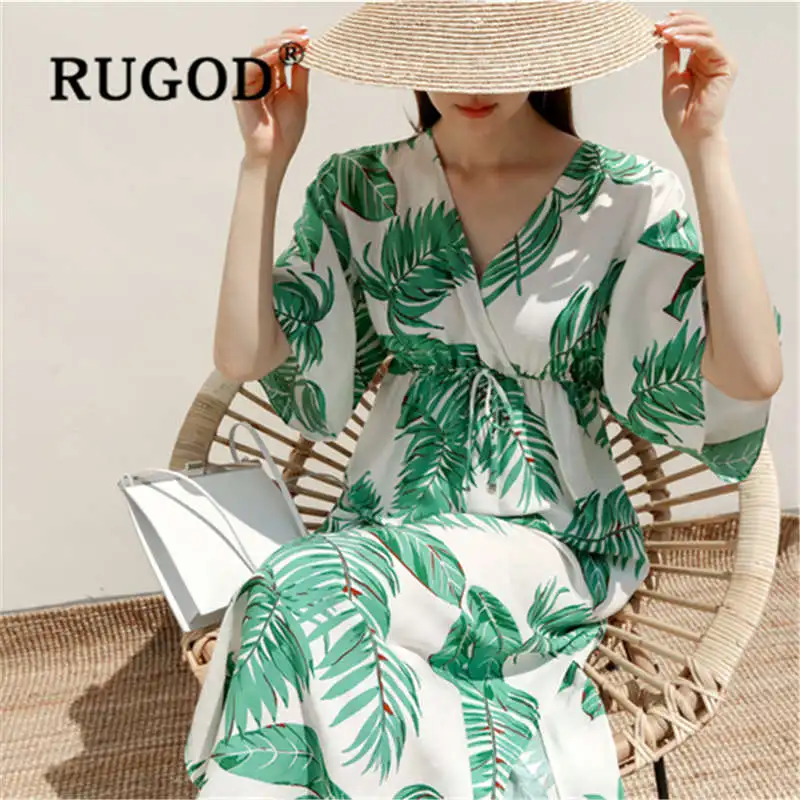 

RUGOD 2019 new arrival summer dress loose floral print high waist slim dress women V neck casual party Split robe femme
