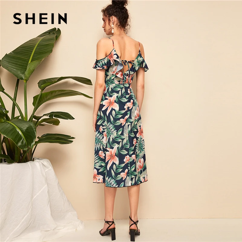 SHEIN ريترو بوهو المشمش الزهور Ruched كم الرداء الكهنوتي الرقبة مربوط ميدي اللباس النساء 2019 صالح ومضيئة أنيقة الصيف فساتين