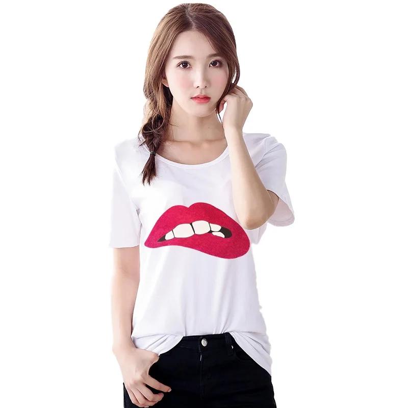 2018-Summer-Korean-style-White-female-T-shirt-Sexy-Red-Green-Lip-printing-Short-sleeve-Top (1)