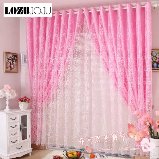 

LOZUJOJU Rustic pink flock printing curtain Tulle sheer window screening princess finished customize curtain for bedroom living