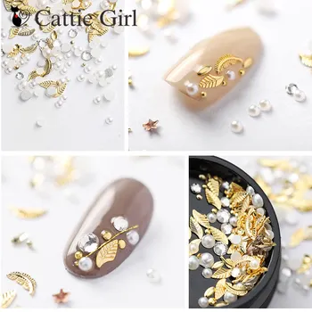 Skup 1 Pudełko Liść Perła Cyrkonie Nowa Ozdoba Do Paznokci Metalowe Skórzane Kryształki Do Dekoracji Paznokci Złote Koraliki DIY Na żel UV Do Paznokci