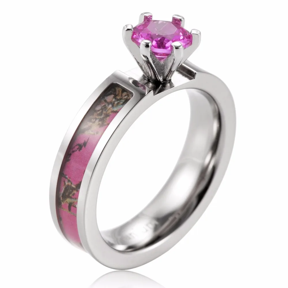 Ladies Camo Engagement Ring titanium Pink Muddy Girl Engagement wedding Band 6 Prong Setting Pink CZ Ring for women