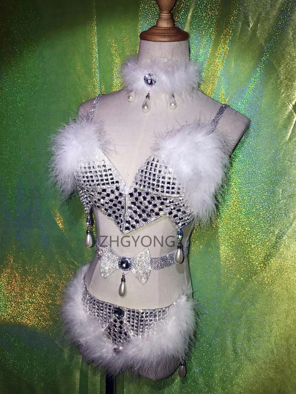 Кролик волос Серебристые Блестящие кристаллы бикини сексуальные женские костюмы Diamond 4 шт. комплекты ночной клуб DJ Джаз сцена костюмы