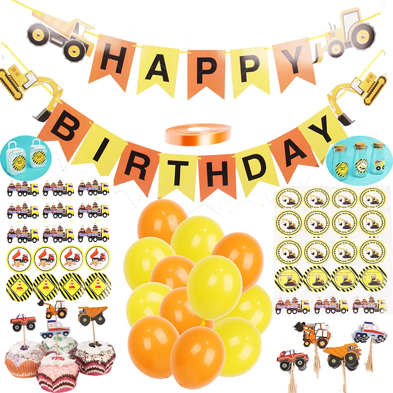 

116pcs Construction Party Supplies Birthday Party Decorations Kids Vehicle Happy Birthday Banner Stickers Black/Orange Balloons