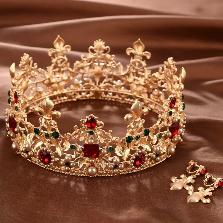 Барокко Ретро Роскошный Красный Кристалл Золото свадебная корона Jewelry тиары из страз корона для конкурса платье аксессуары для волос 2019