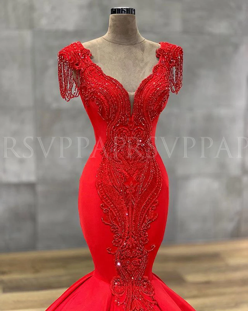 Длинные красные вечерние платья потрясающее платье-Русалка v-образный Вырез Аппликация из бисера Арабская, Дубай женские атласные вечерние платья