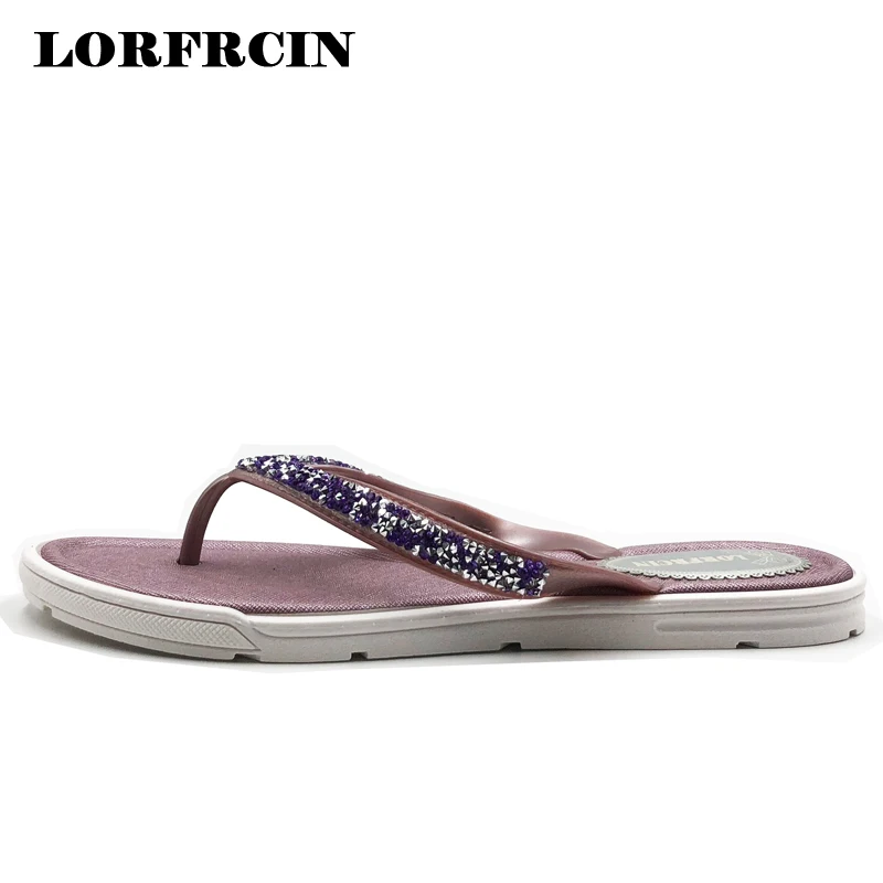 

Plus Size 41 Slippers Women Flip Flops Crystal Flat Slides Beach Sandals For Woman Flats Bling Ladies Summer Shoes LORFRCIN