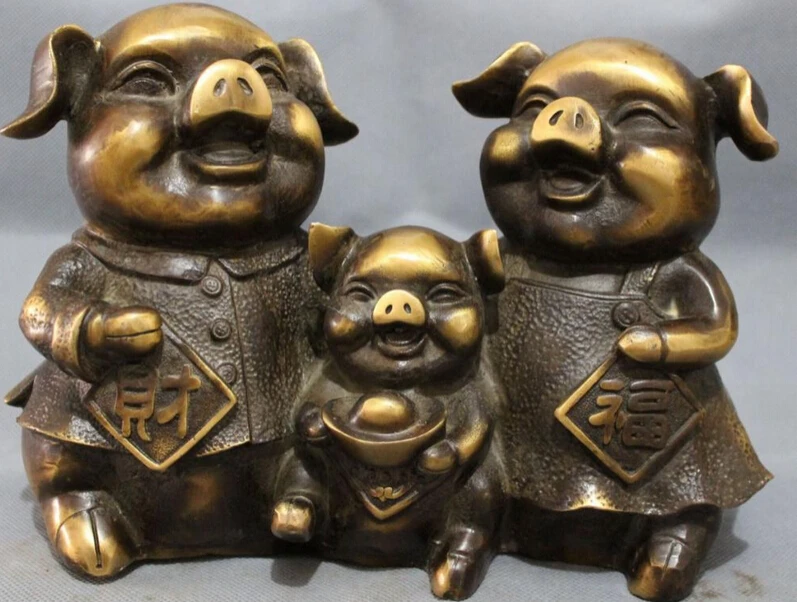 

JP S0114 10" Chinese Bronze Zodiac Wealth YuanBao CaiFu 3 Happy Pig Family Statue Animal B0403