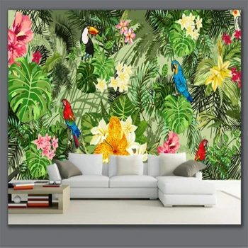 

beibehangCustom large-scale high-definition beautiful hand-painted parrot tropical rainforest plant cartoon background wallpaper