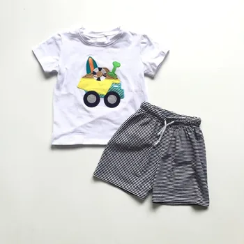 

baby boy summer outfit truck print top white shirt grey shorts children boutique cotton clothes
