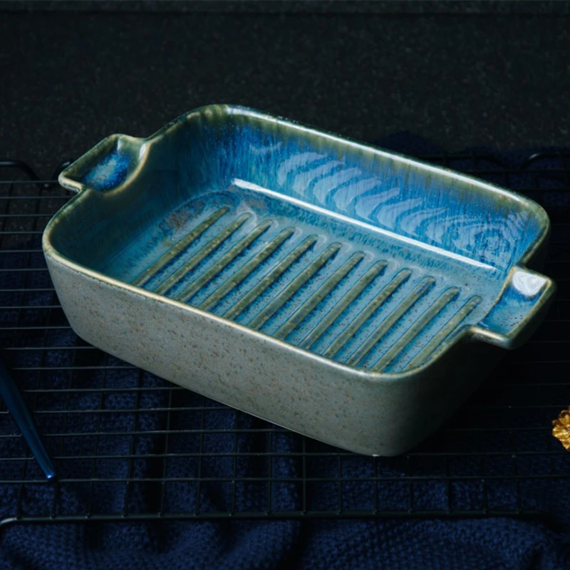 Ceramic Plate Rectangular Dish Dinner Plate Baking Pan Baked Deep Bowl Baked Pan Household Tray With Double Heat Resistance 1pcs