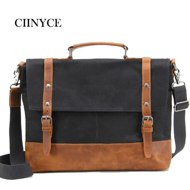 

2018 New Arrival Waxed Canvas Water Proof Cowhide Crazy Horse Men's Hand Crossbody Messenger Bags Laptop Vintage Briefcase