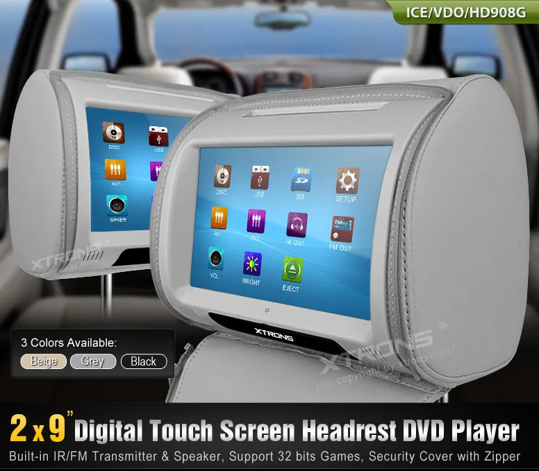 Discount 2x9" Grey Color Touch Screen Car Headrest DVD Headrest Car Monitor with FM&IR Transmitter 8 Bits & 32 Bits Games 0