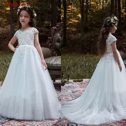 Белое платье с цветочным узором для девочек на свадьбу, тюлевечерние праздничное платье с цветочным узором для девочек, платье для первого