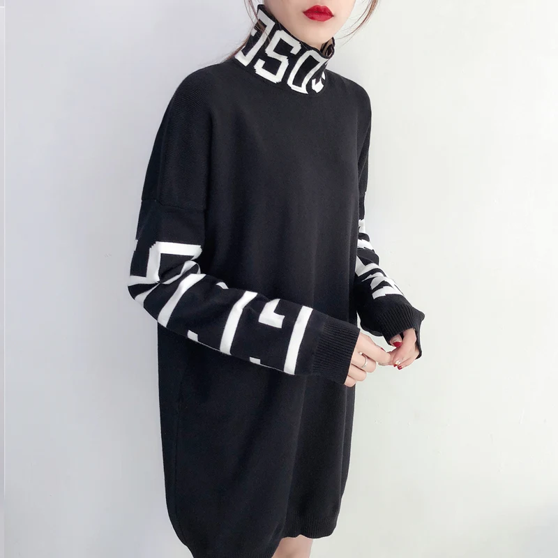 Harajuku Письмо вышивка крестом картины черный водолазка платья свитеры с длинным
