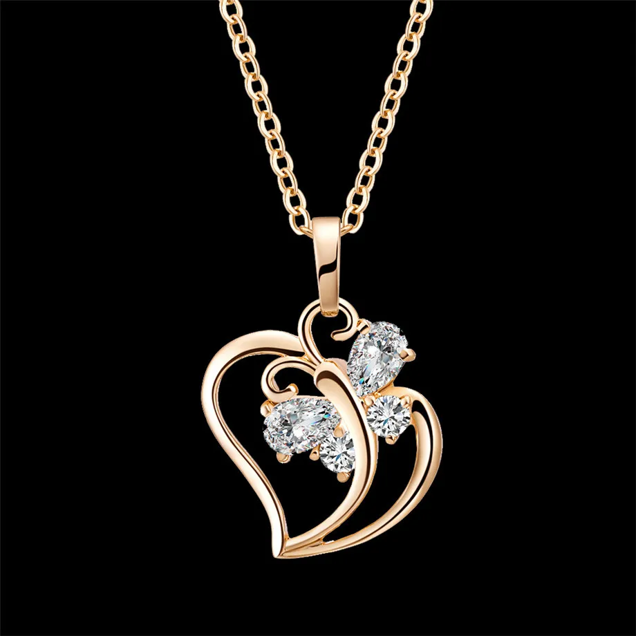 Trendy Cubic Zirconia Butterfly Heart Necklace Pendant Women Gold Color Neck Chain For Women Jewelry collier femme 2020