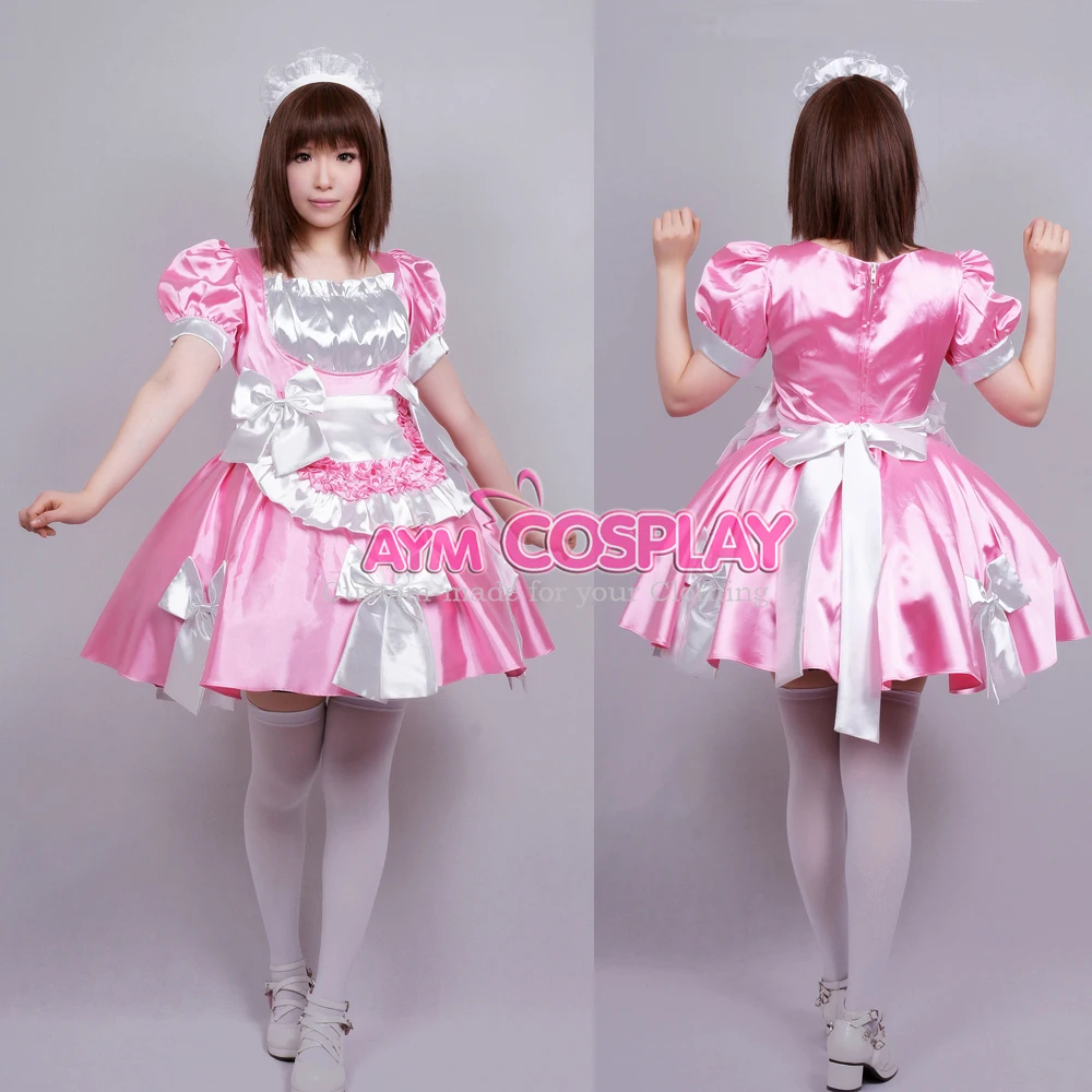 Sissy maid satin pink dress Uniform Tailor made[G363]in Women's Sets