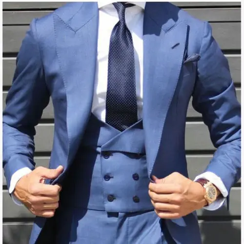 

Light Blue Double Breasted Vest Men Suit Tuxedo Slim Fit Groom Wide Lapel Custom