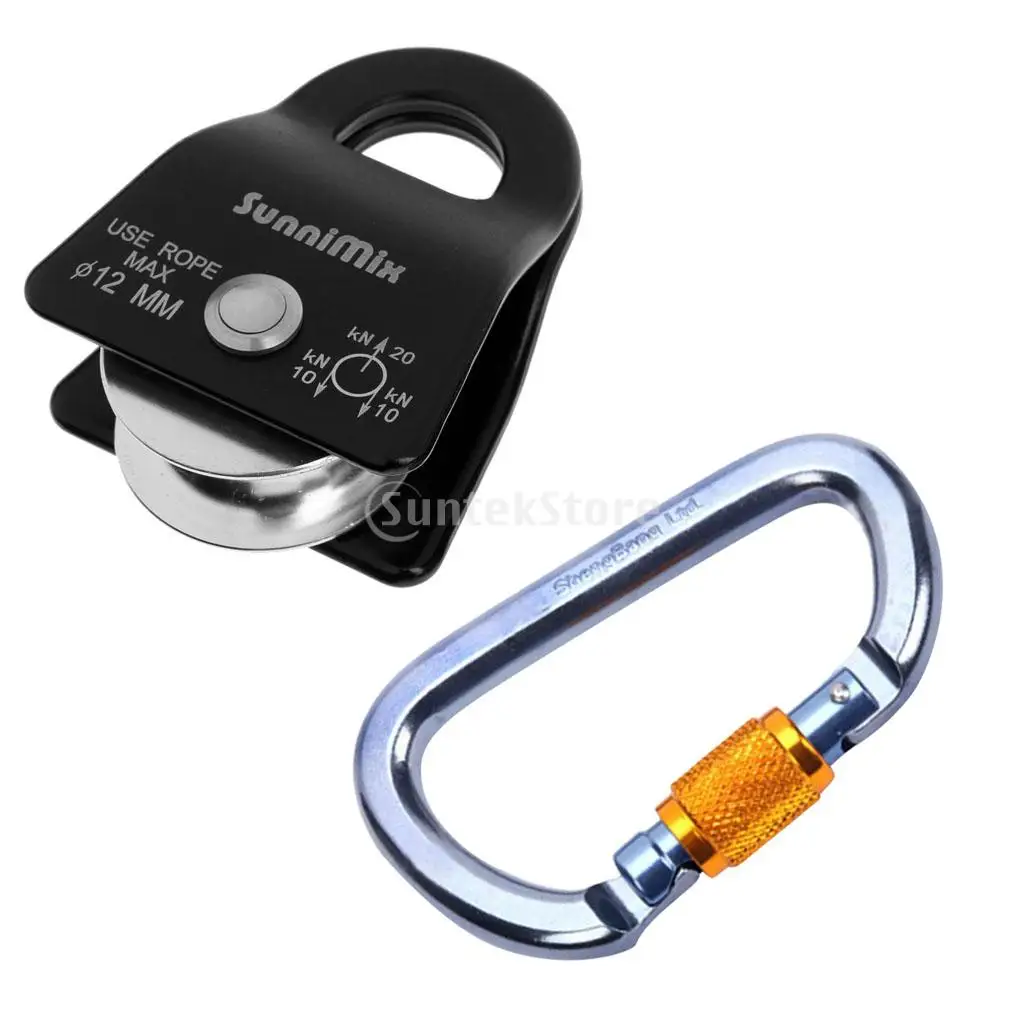 Outdoor Rappelling Rock Climbing 28KN Screw Lock Carabiner Silver + 20KN Mobile Pulley Black for 12mm Rope