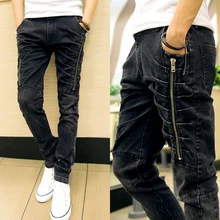 Spring 2015 New Stylish Men’s Dark Grey Long Faker Zipper and Pleated Designer Jeans,Slim Fit Denim Pencil Cotton Jeans Pants