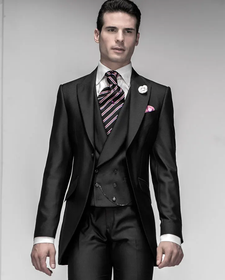 Изготовленные На Заказ Черные смокинги для жениха, лучшие мужские заостренный лацкан, мужские свадебные костюмы жениха(пиджак+ брюки+ галстук+ жилет