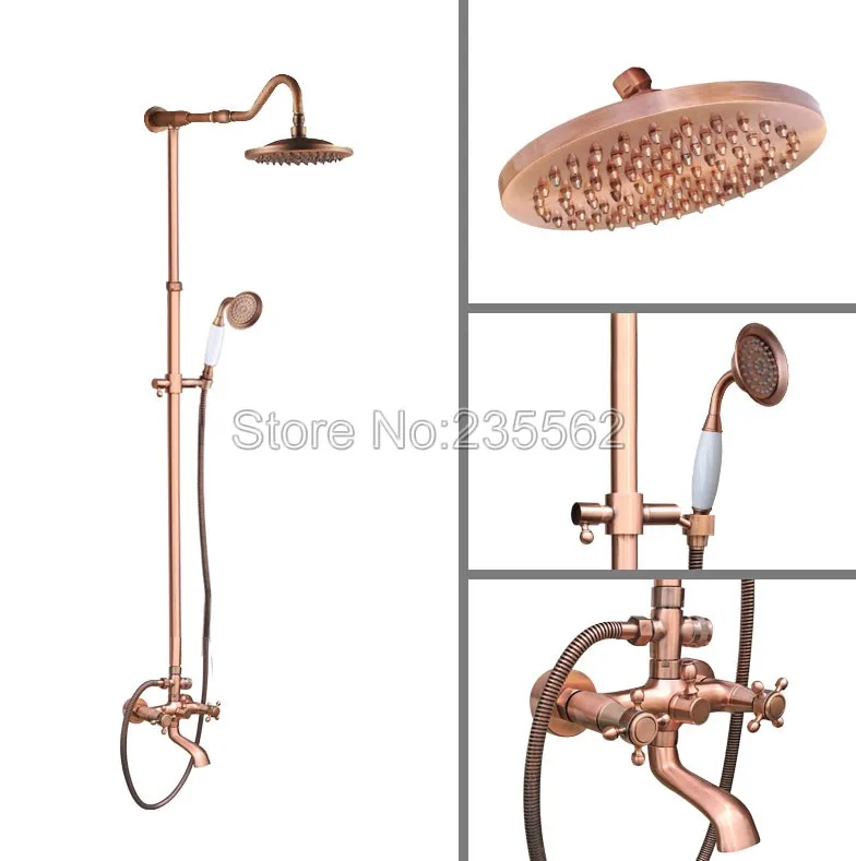 

Antique Red Copper Bathroom Rain Shower Faucet Set Dual Handle Tub Mixer Tap Wall Mounted with Handheld Shower Spray lrg652