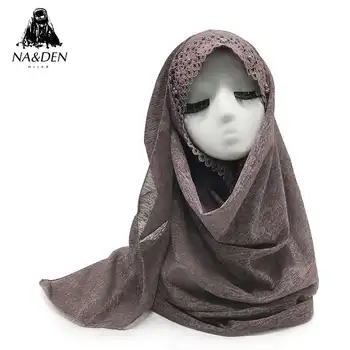 

Muslim Solid linen scarf hijab Lace Pearl scarves women fashion wraps shawls islamic head eid bandana 10pcs/lot Fast Shipping