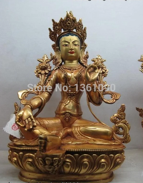 

xd 00647 13"Tibet Monastry Pure Bronze 24K Gilt Sit Green Tara Kwan-Yin Buddha statue