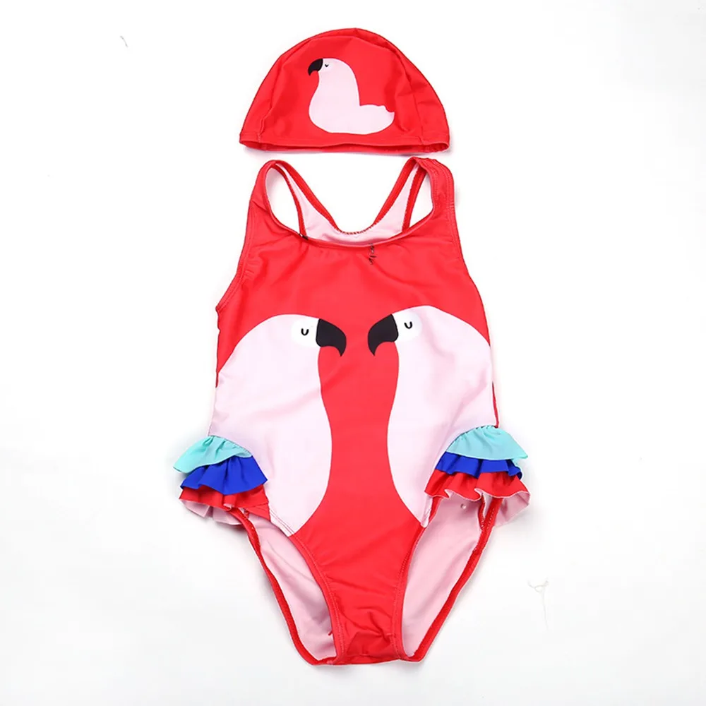 2-12T Girls Swim Dress One Piece Flamingo Swimsuit Girl Swim Rompers With Hat Animal Print Bather UV Baby Flamingo Swim Dress