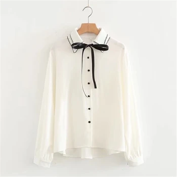 

2018 Spring Summer New Women's Blouse Fashion Plus Size White Tops Korean Loose Bow Long-sleeved Black Shirt Girls A299