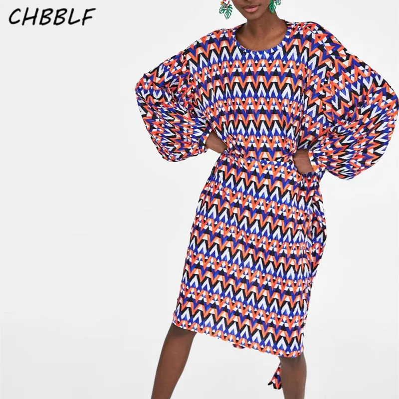

CHBBLF Vintage Geometric printing dress bow tie belt lantern sleeve female chic dresses vestidos mujer XSZ1592