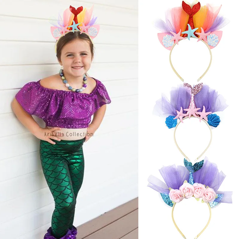 

Rainbow Mermaid Headband Princess Mesh Yarn Shell Flower Animal Hairbands Hoop Birthday Party Mermaid Theme Hair Accessories
