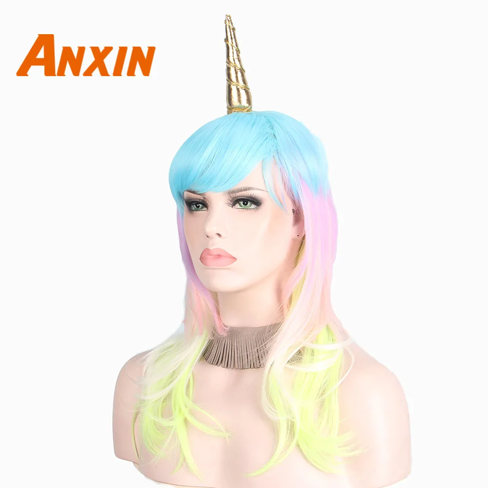 

Anxin Long Curly Unicorn Wig Rainbow Color With Bangs For Women Cosplay Anime Wig