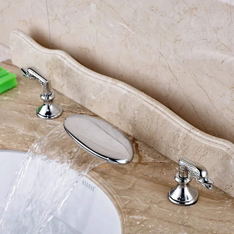 Deck Mounted Widespread Waterfall Bathroom Faucet Chrome Brass Lavatory Sink Mixer Taps
