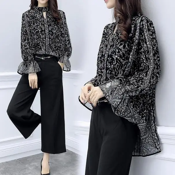 Комплект со стильным принтом широкие брюки с женский комплект 2 шт. Conjunto Feminino Pantalon