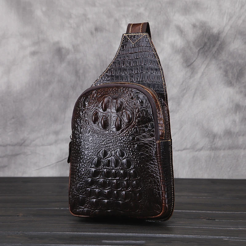 

2018 New Luxury Brand Design Men Vintage Chest Bag 100% Genuine Cow Leather Men Messenger Bags Retro Crocodile Style Chest Pack