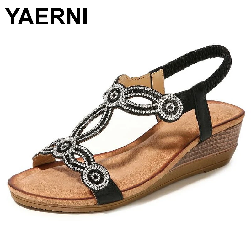 

YAERNI Crystal Sandals Women Hollow Wedges Med Heel Sandals Ladies Bohemian Shoes Woman Black Sandalias De Verano Para MujerE855