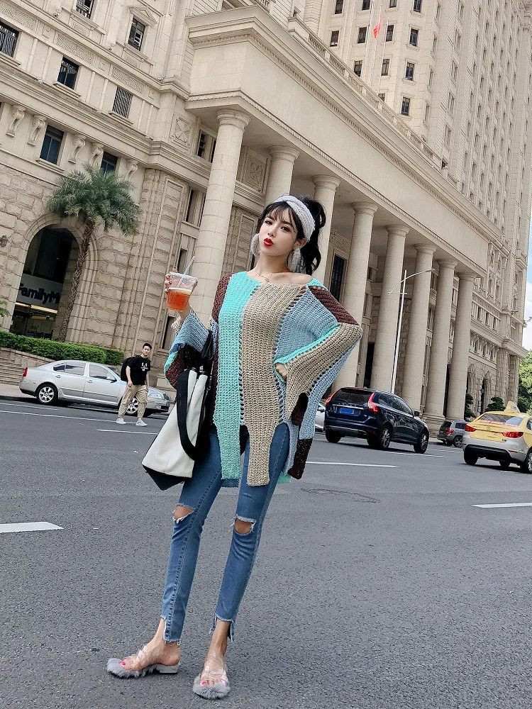 New Black Women Knitted Sweater Autumn Contrast Color Ladies Clothes Long Sleeve Crochet Loose Hollow Out Sweaters Sweaters