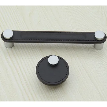 

128mmModern simple matte silver Genuine Leather Safety furniture handle brown coffee drawer shoe cabinet Leather pull knob 5"