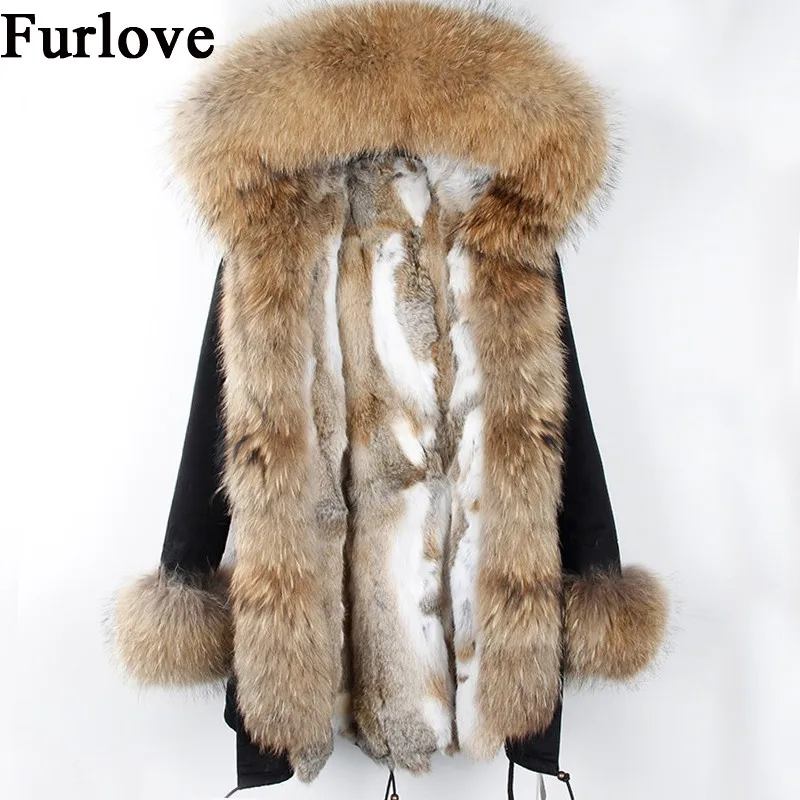 Womens Winter Jacket Women Real Rabbit Fur Coat Jackets Natural Raccoon Collar Hooded Parkas Vintage Warm Thick Long Parka|hooded parka|long