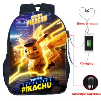 

Pokemon Detective Pikachu Backpack Headphone Jack Laptop Bags Boys Girls Schoolbags USB Charging Multifunction for Men Teens